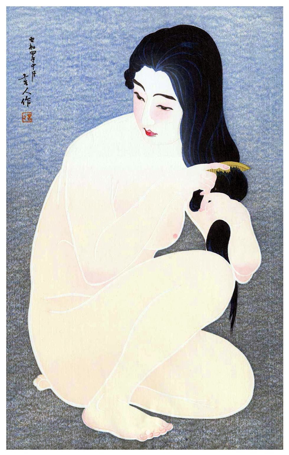 japan combing her hair shin hanga woodblock print by torii kotondo 1900 1976 1929
