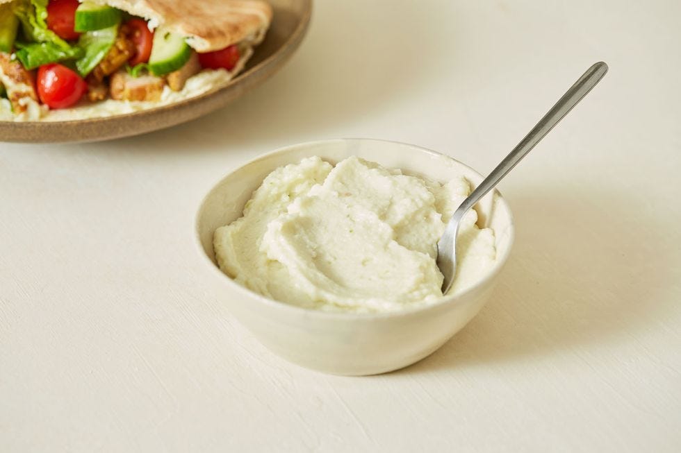 garlic toum sauce in a white bowl