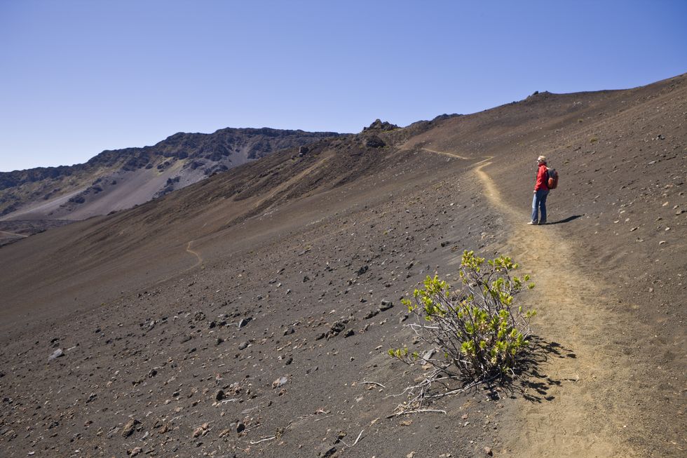 tourist at crater of haleakala volcano, maui, hawaii, usa