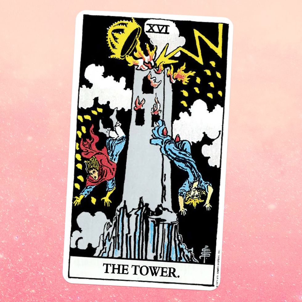 the tarot card the tower, showing a tower struck by lightning and set on fire with people falling from it