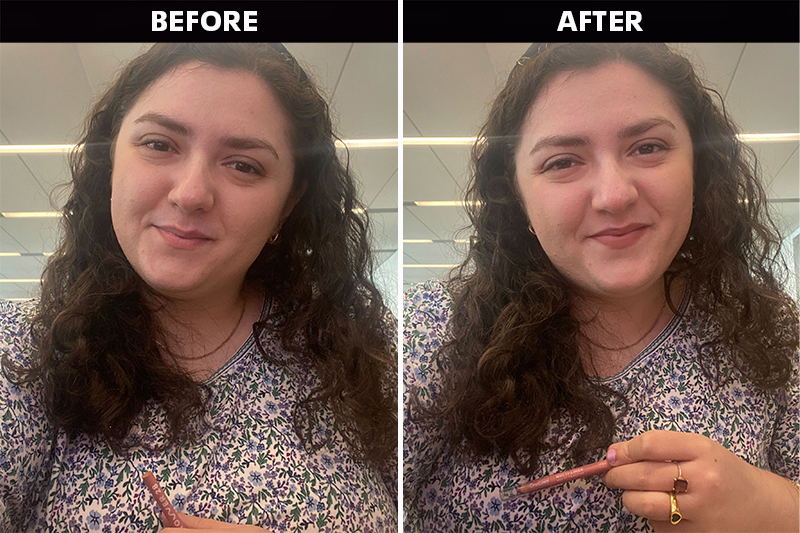 gh entertainment and news editorial assistant adrianna freedman before and after wearing a tower 28 lip liner
