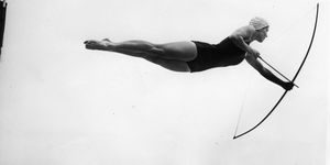 tower jumping with bow and arrow, photograph, may 10th 1937