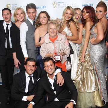 towie cast members including joey essex, mark wright, amy childs, kirk norcross and nanny pat celebrate winning a bafta in 2011