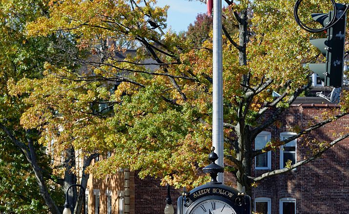 town clock with autumn decorations