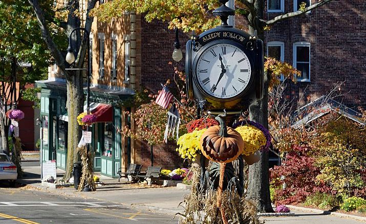town clock with autumn decorations
