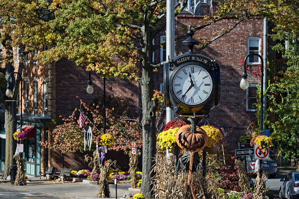 town clock with autumn decorations