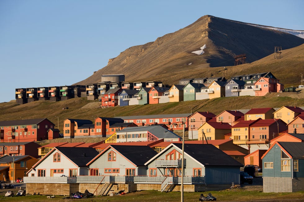 town of longyearbyen in setting midnight sun