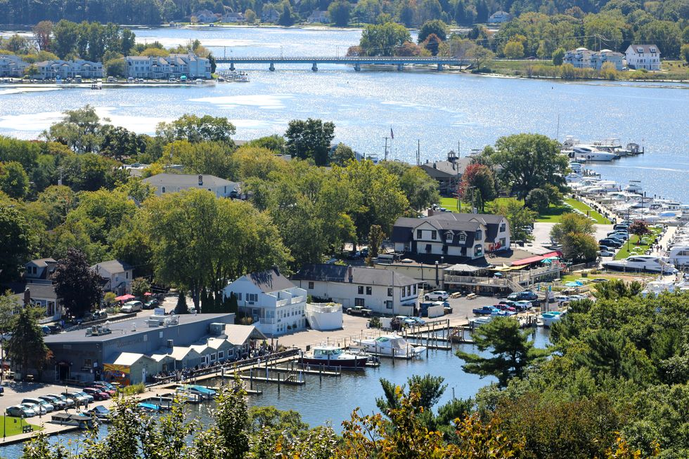 best small lake towns towns of douglas and saugatuck michigan aerial view from the top of mt baldhead
