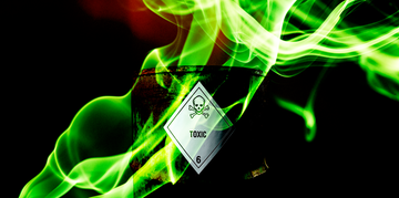 a cylindrical barrel, rusted and weathered, displays a diamond shaped warning label marked 'toxic' and a skull with crossbones green smoke swirls around the barrel, creating an eerie ambiance against a dark background, emphasizing the hazardous nature of the contents