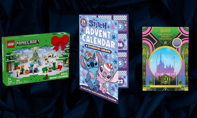 lego minecraft advent calendar, stitch advent calendar and wicked advent calendar on a blue background