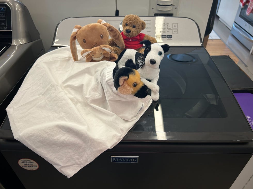 stuffed animals in a pillowcase on washer