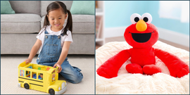 cocomelon transforming school bus next to elmo weighted plush