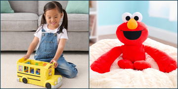 cocomelon transforming school bus next to elmo weighted plush