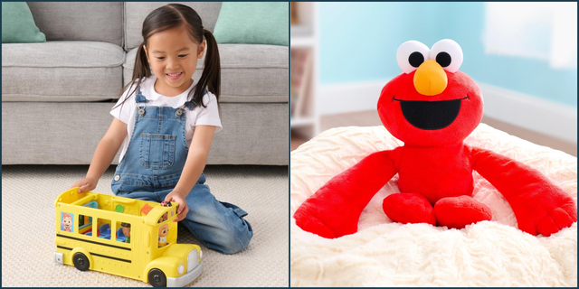 cocomelon transforming school bus next to elmo weighted plush