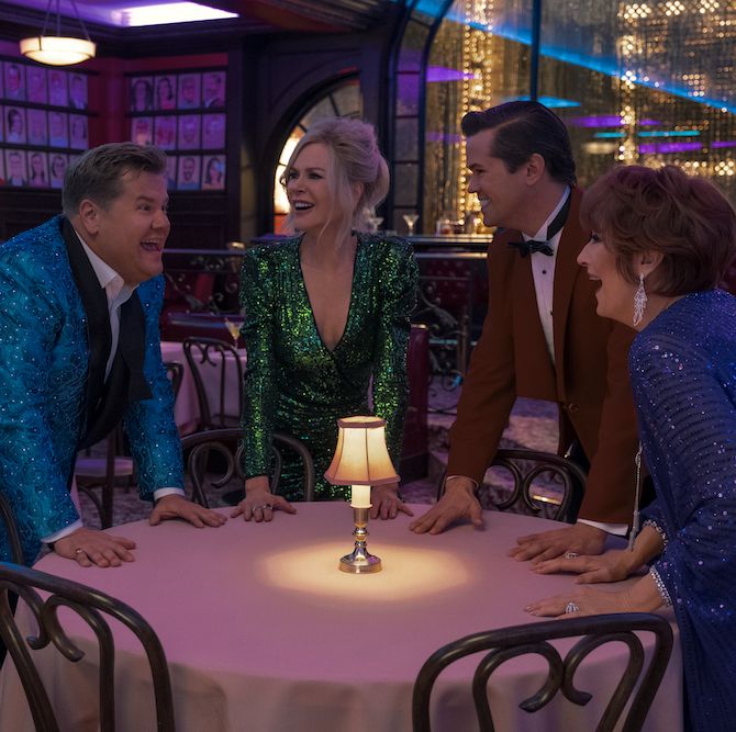 the prom l to r james corden as barry glickman, nicole kidman as angie dickinson, andrew rannells as trent oliver, meryl streep as dee dee allen in the prom cr melinda sue gordonnetflix © 2020
