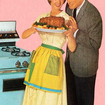 trad wife couple admiring roast