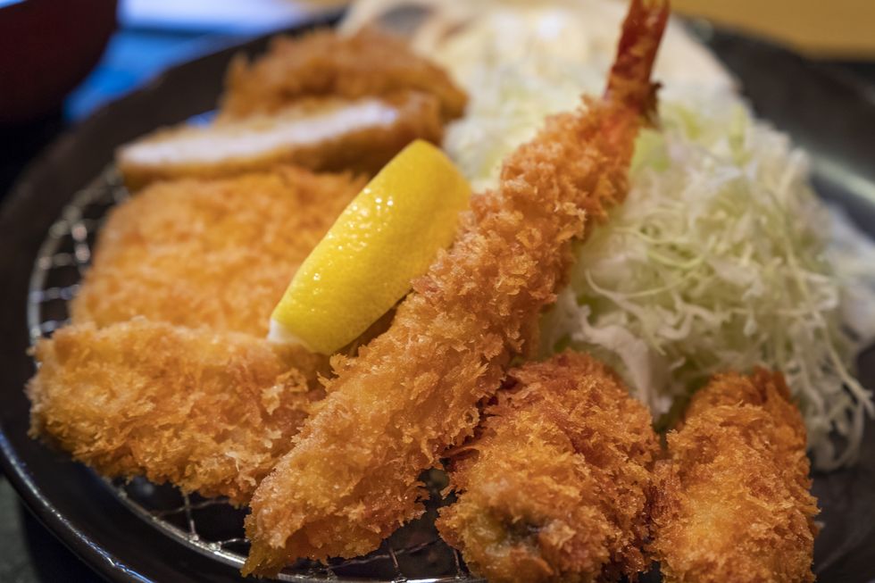 traditional japanese cuisine, fried pork and shrimp with vegetable, tonkatsu pork cutlet set meal