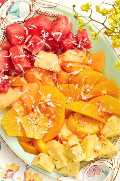 sunrise fruit salad with oranges, pineapple and watermelon
