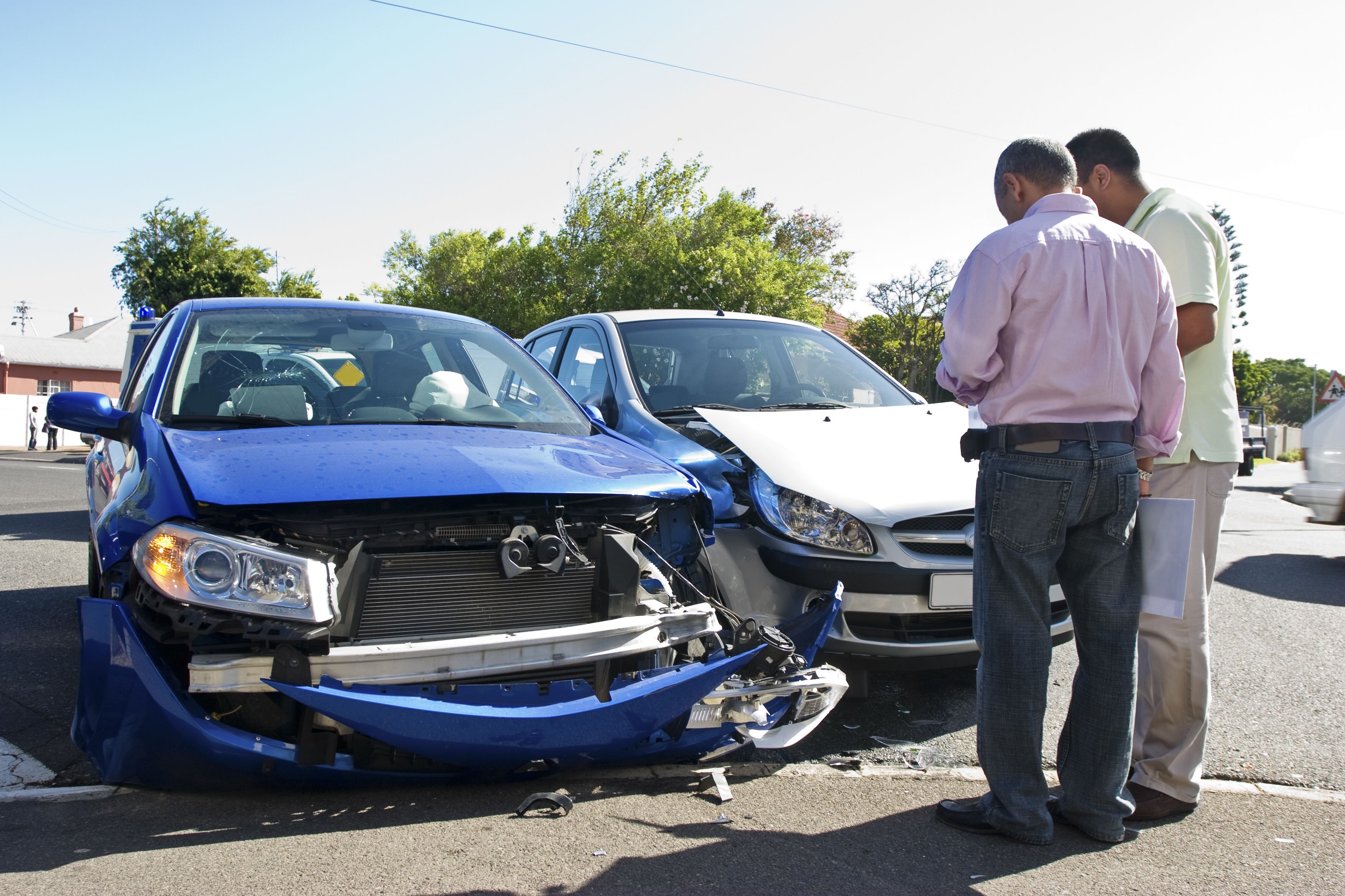 Car accidents. Collision of two cars, side view. Car crashed into