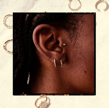Tragus piercing guide 2025 tragus piercing guide 2025. model's ear with tragus piercing, background multiple small gold hoop earrings