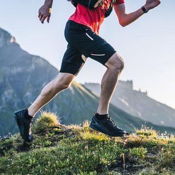 trail runner ascends mountain trail, through alpine meadow