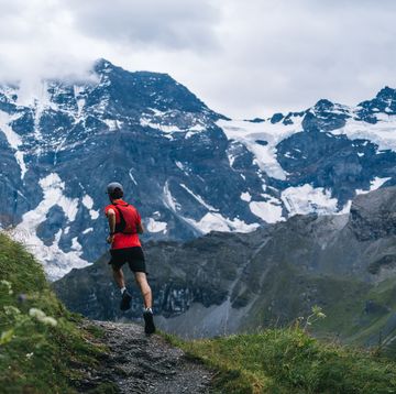 trail runner ascends mountain trail, through alpine meadow