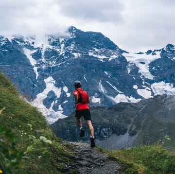Trail runner ascends mountain trail, through alpine meadow trail runner ascends mountain trail, through alpine meadow
