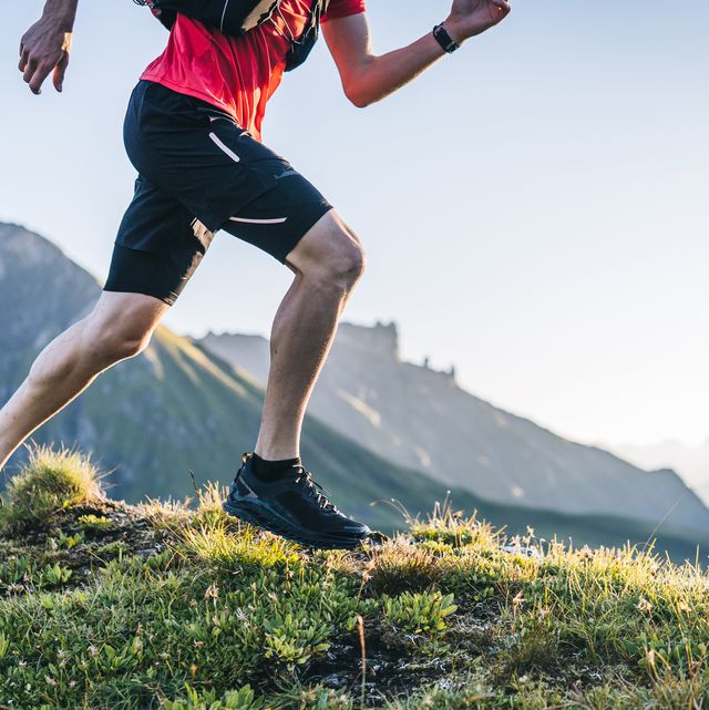trail runner ascends mountain trail, through alpine meadow