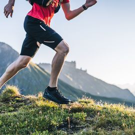 trail runner ascends mountain trail, through alpine meadow