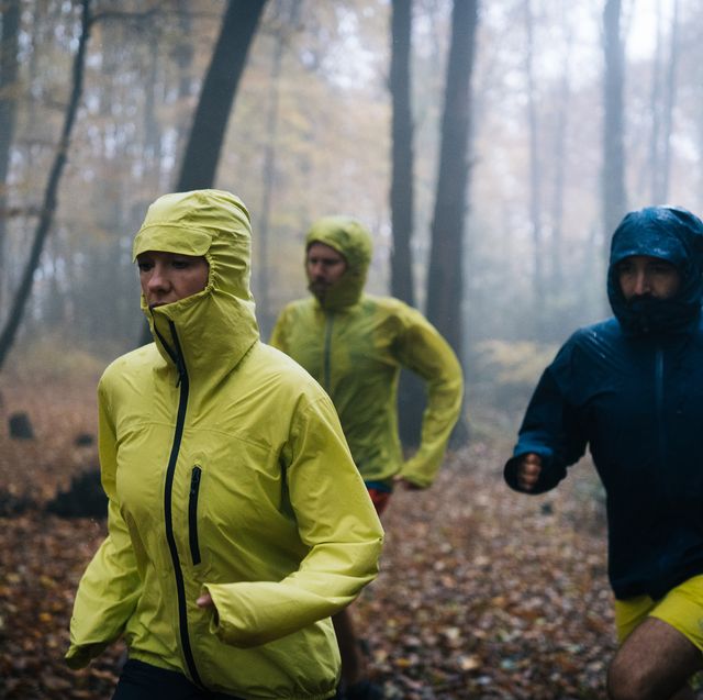 trail runners run through forest on rainy day
