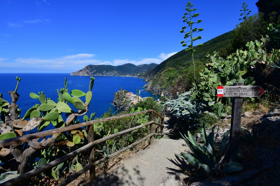 trail signs along the hiking path from vernazza to corniglia, cinque terre