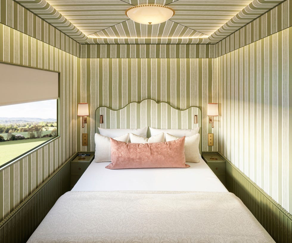 a ornately decorated sleeping car on an overnight train