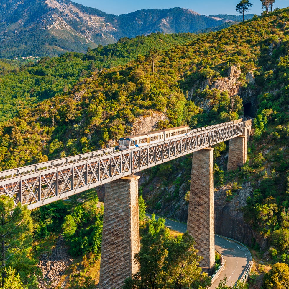 train crossing eiffel viaduct in vecchio corsica