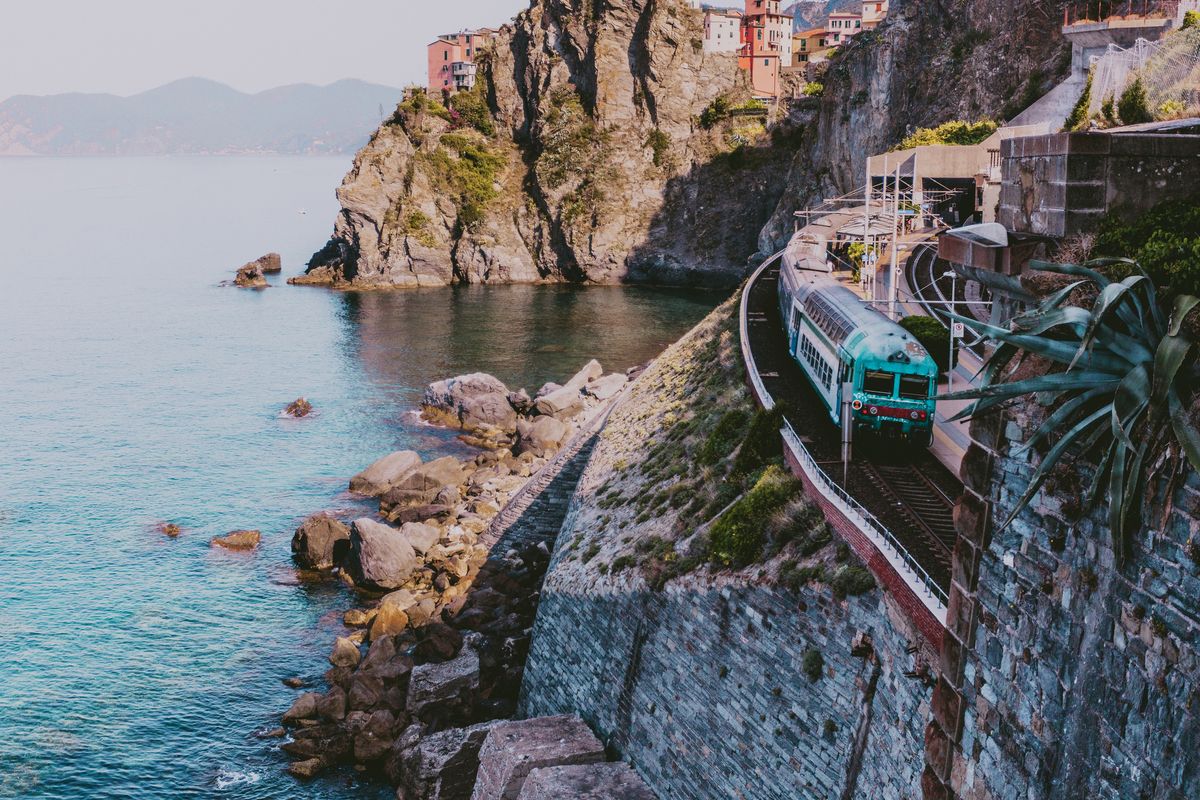 train in coastline in Manarola,Cinque Terre,Italy