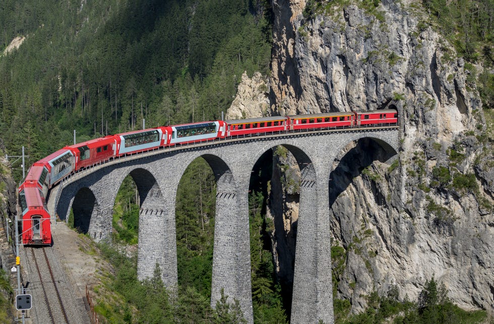 train on the landwasser viaduct, filisur, splugen, canton graubunden, switzerland