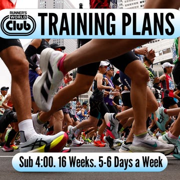 Runner's World Club training plans a collection of runners at the start of a race with text overlaid explaining details of a training plan