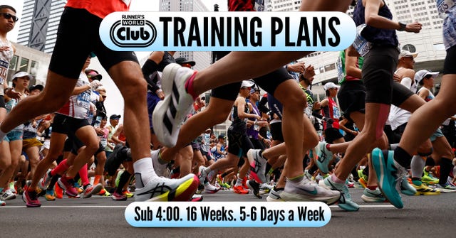 a collection of runners at the start of a race with text overlaid explaining details of a training plan