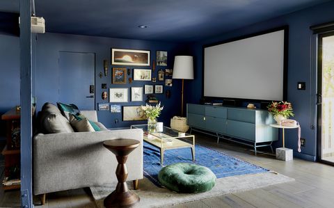 Living room, Room, Interior design, Furniture, Blue, Property, Wall, Building, Floor, Home, 