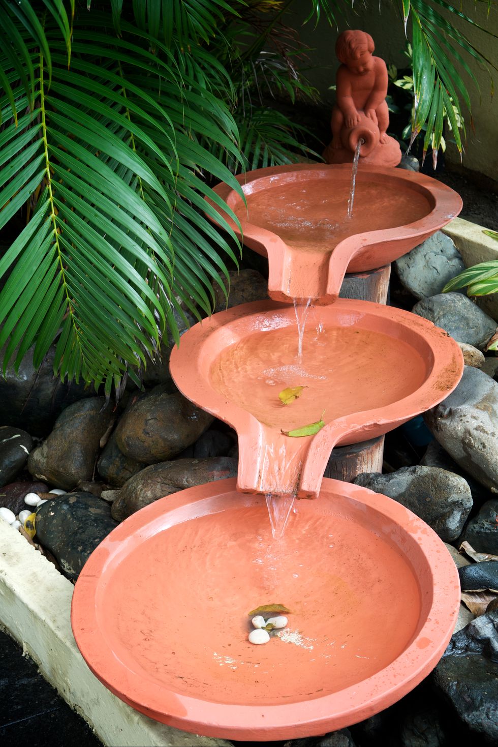Tranquil Fountain with Green Palm Fronds