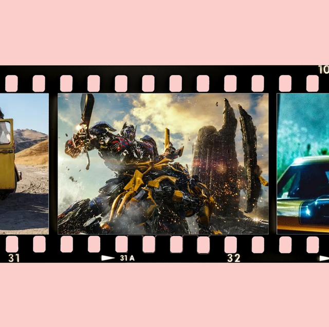 Trois images fixes de trois films Transformers différents disposés dans une bande de cinéma