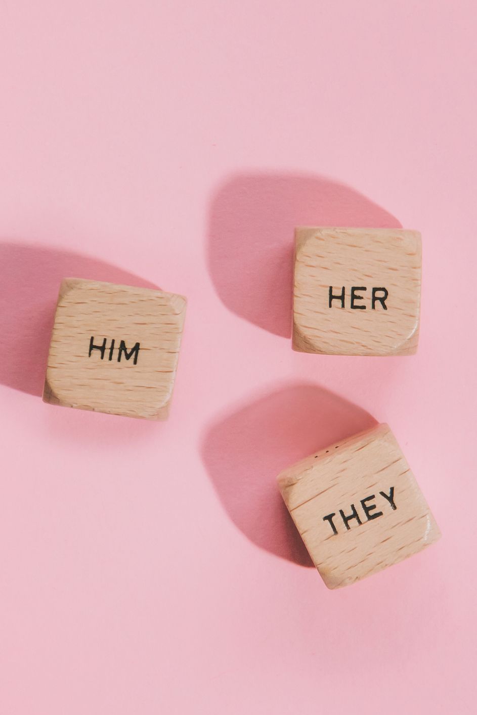 dice with the pronouns him her and they written on them