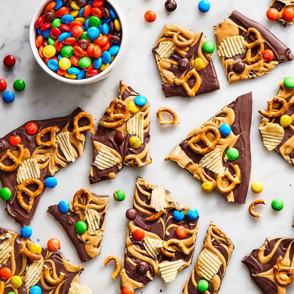 chocolate bark with pretzels, potato chips, and candy