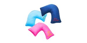 Pink, Product, Font, Turquoise, Travel pillow, Neck, Games, Magenta, Ear, 