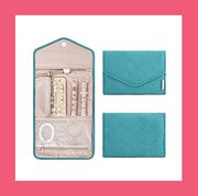 travel gifts travel jewelry organizer in teal and wanderlust travel challenges game