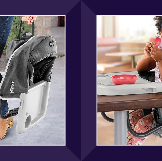 carrying a travel high chair, toddler sitting in chicco quickseat hook on chair