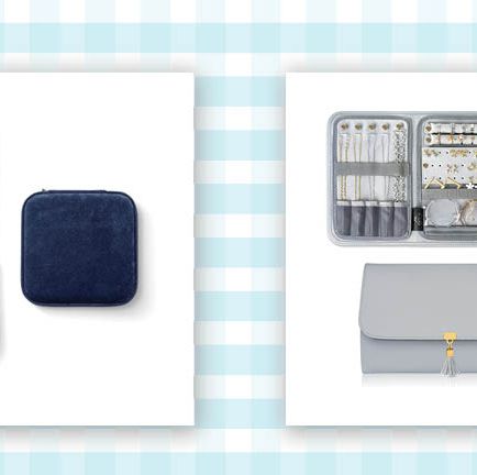 two travel jewelry organizers one blue case and one gray clutch