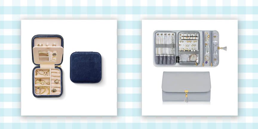two travel jewelry organizers one blue case and one gray clutch