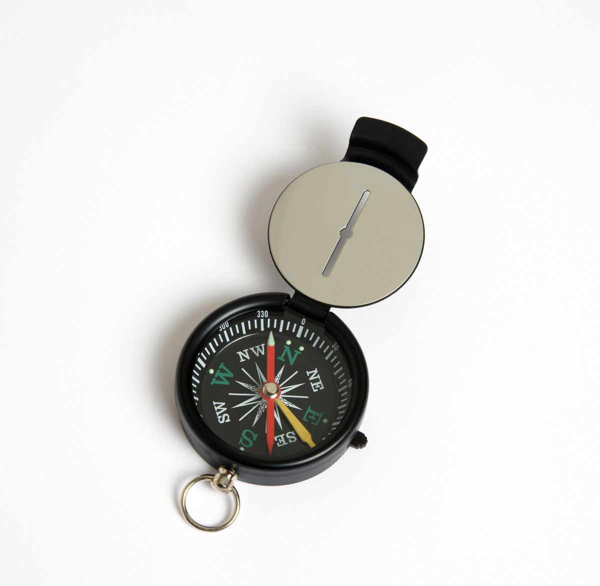 Sighting compass with dial pointing to magnetic north