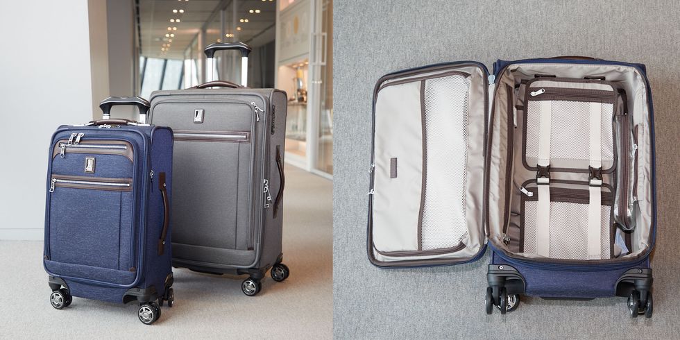 two travelpro suitcases open and closed