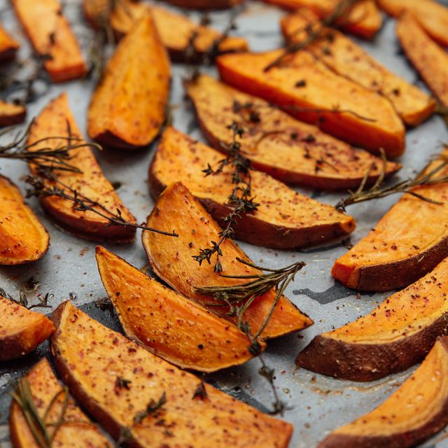 tray of oven baked sweet potato chips in closeup